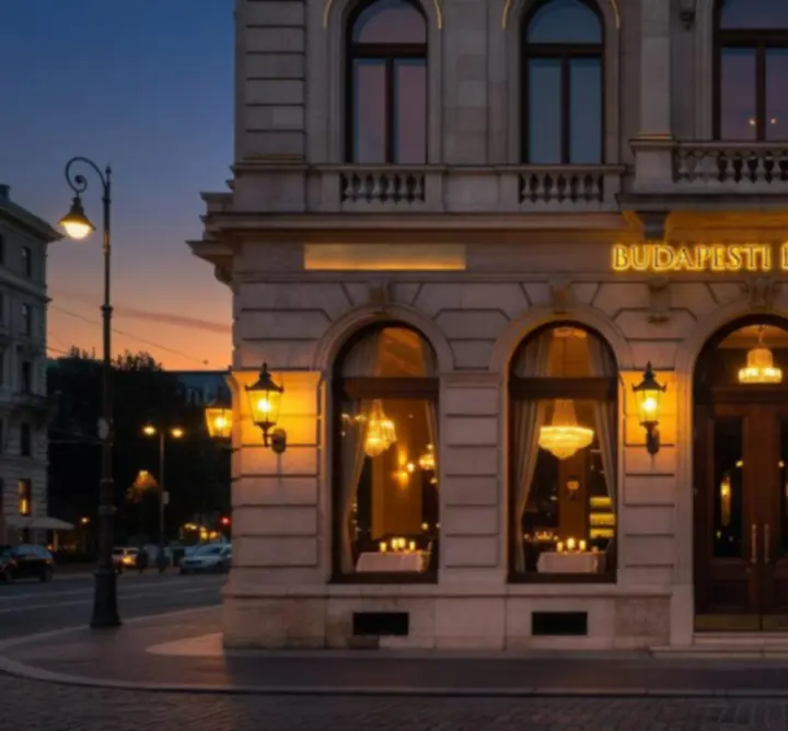 Budapest VIP Club exkluzív étterem külső nézete esti fényekben