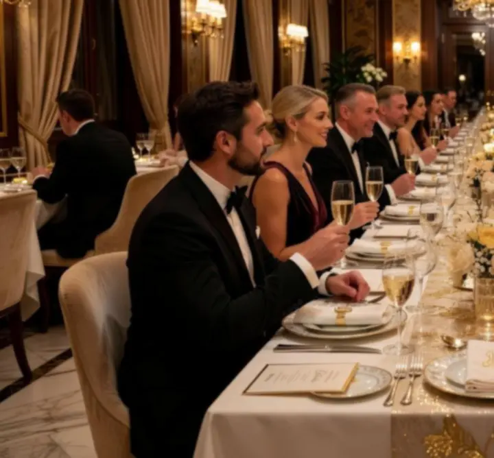 Elegáns privát ünnepség champagne színű teremben terített asztalokkal.