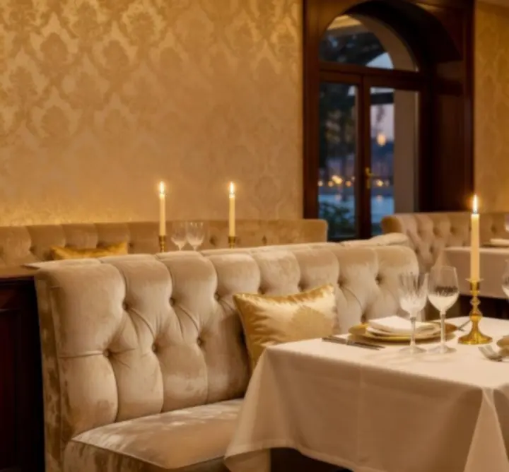Elegáns, arany és pezsgő árnyalatokban megkomponált Budapest VIP Club éttermi enteriőr